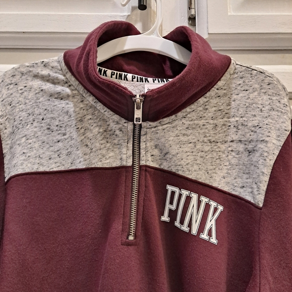 PINK Victoria's Secret Maroon & Gray Qtr Zip-Up Sweatshirt W/Kangaroo Pocket - Picture 5 of 8